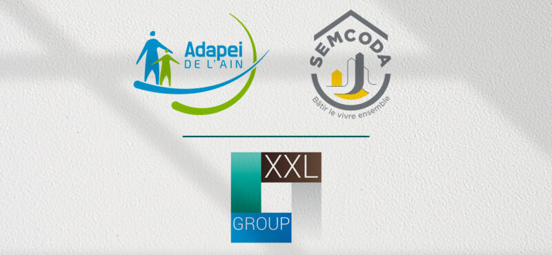 Nouveau projet SEMCODA et Adapei de l'Ain. Logos des entreprises XXL GROUP, SEMCODA et l'Adapei de l'Ain.